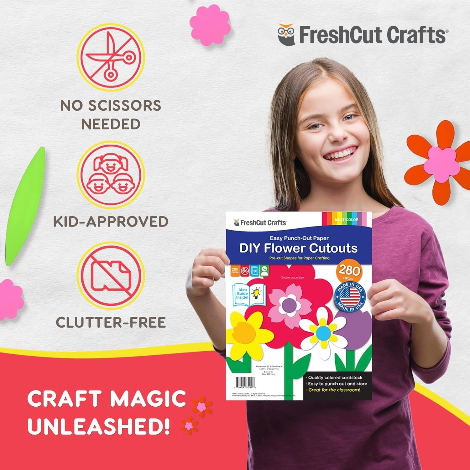 Smiling girl holds a package of DIY flower cutouts with colorful paper flowers on the front.