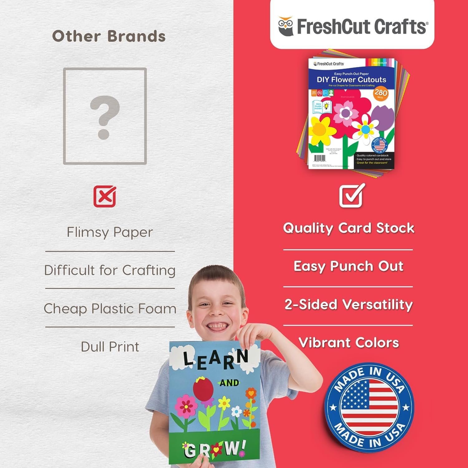 Boy holding a craft project comparing DIY flower cutouts to other brands. Features product.