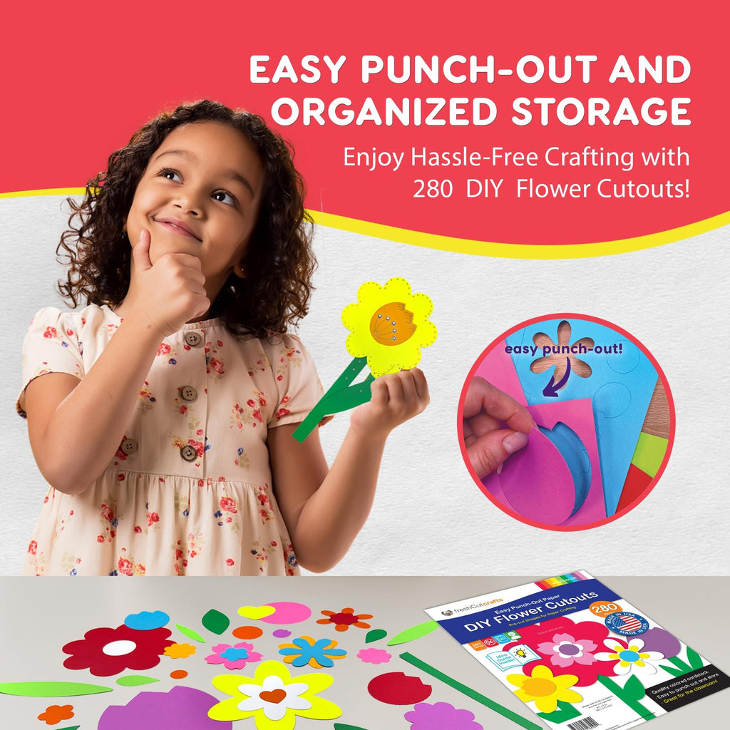 Young girl holding a yellow flower cutout with green stems, looking thoughtfully upwards. Inset shows hands punching out flower shapes from colorful cardstock.