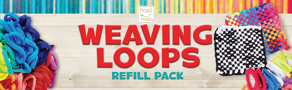 Pile of colorful weaving loops with two woven potholders and scissors