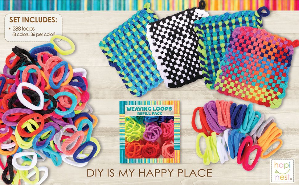 Potholder weaving loops in various colors and finished potholders on a wooden background. Includes a set includes list and packaging.