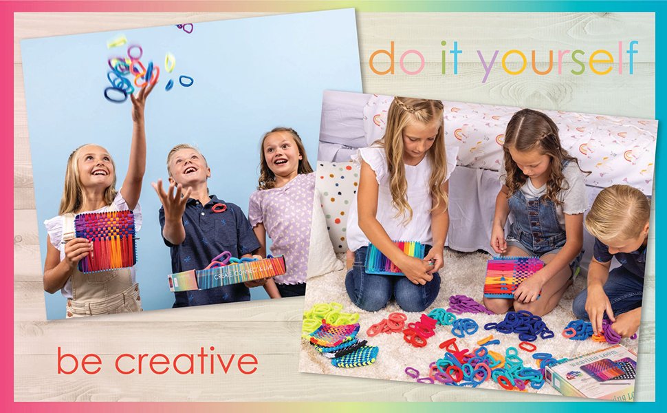 Children weaving colorful loops on looms, with loops scattered around them and some being thrown in the air.