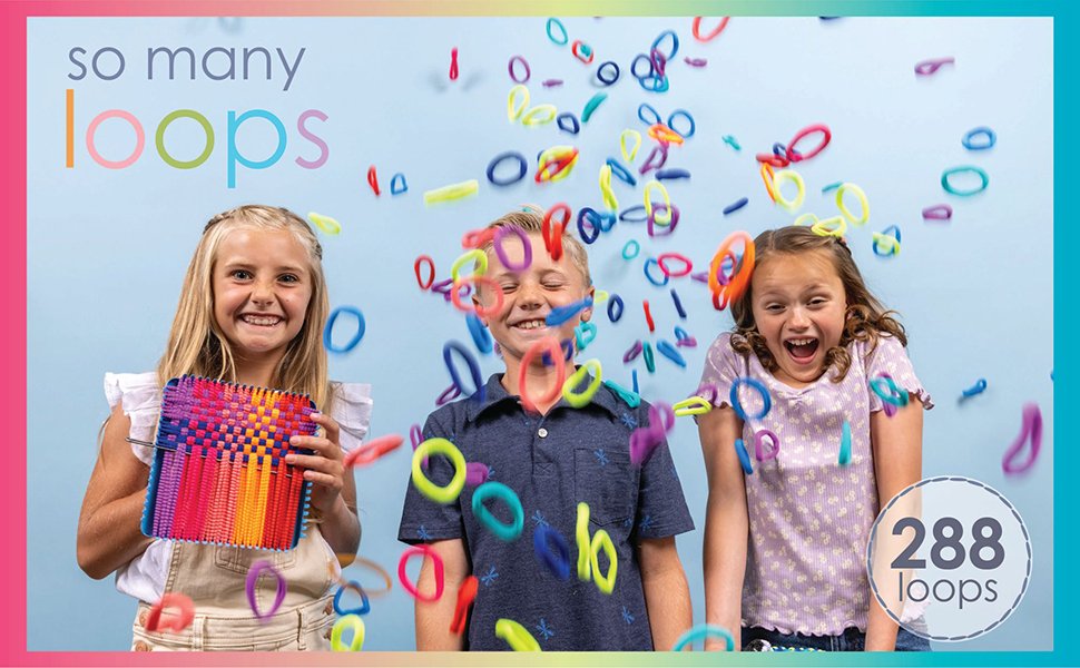 Three children excitedly playing with colorful weaving loops falling around them, one child holds a woven potholder.