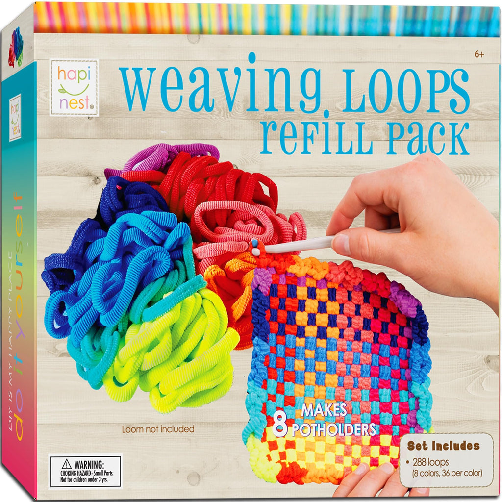 Weaving loops refill pack box showing colorful loops and a hand weaving a potholder.