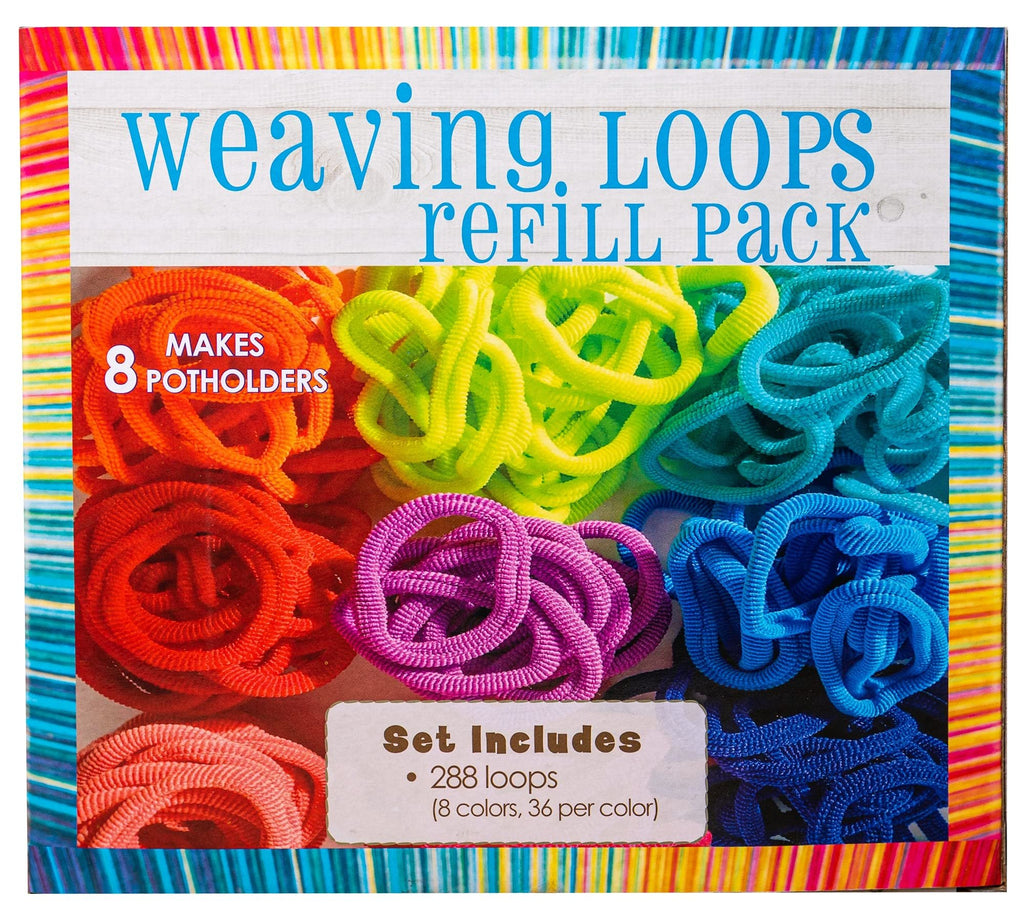 Close-up of a package of colorful weaving loops in various shades of orange, pink, yellow, green, teal, blue, and dark blue. Text indicates it makes 8 potholders and includes 288 loops in 8 colors.