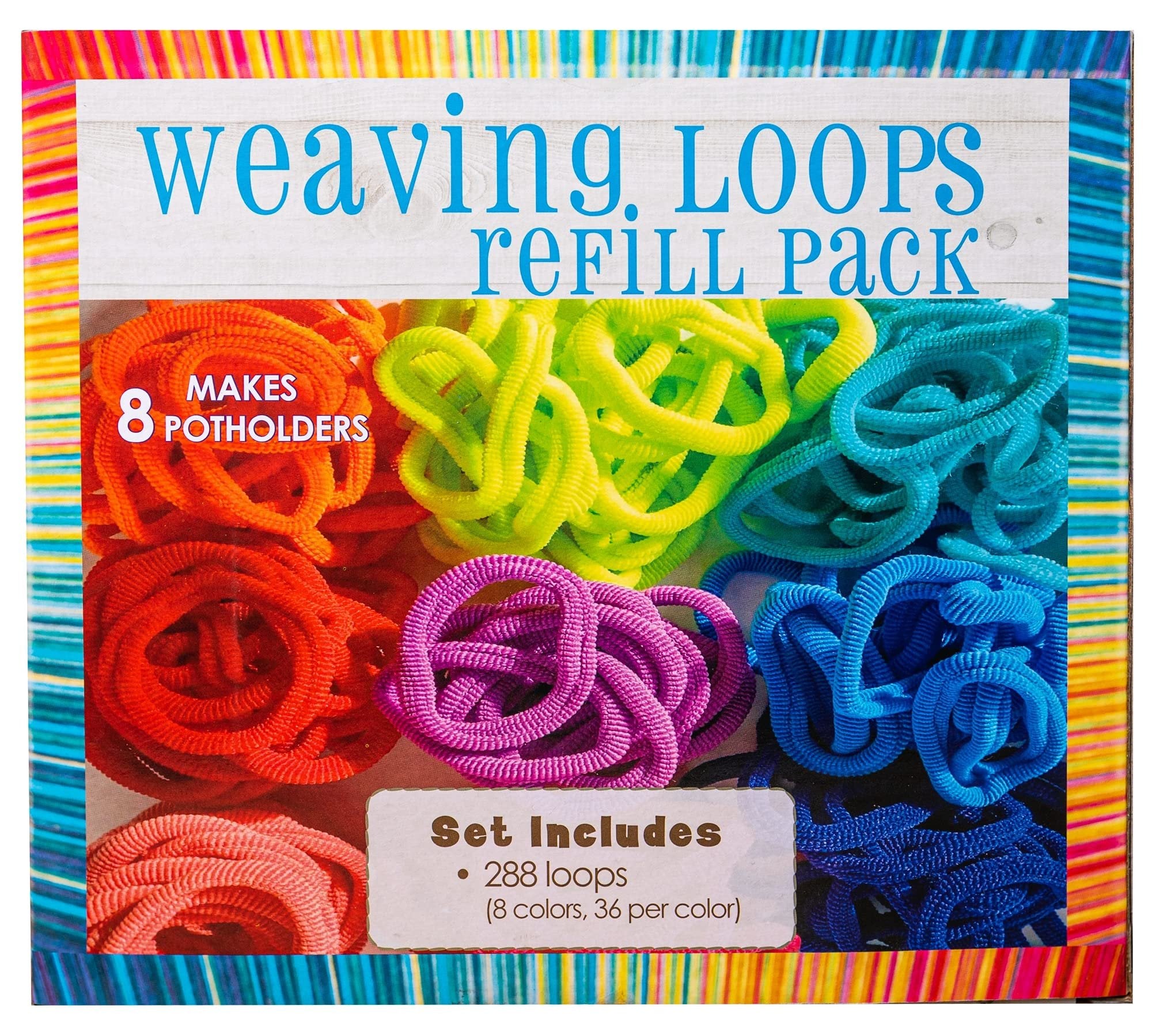 Close-up of a package of colorful weaving loops in various shades of orange, pink, yellow, green, teal, blue, and dark blue. Text indicates it makes 8 potholders and includes 288 loops in 8 colors.