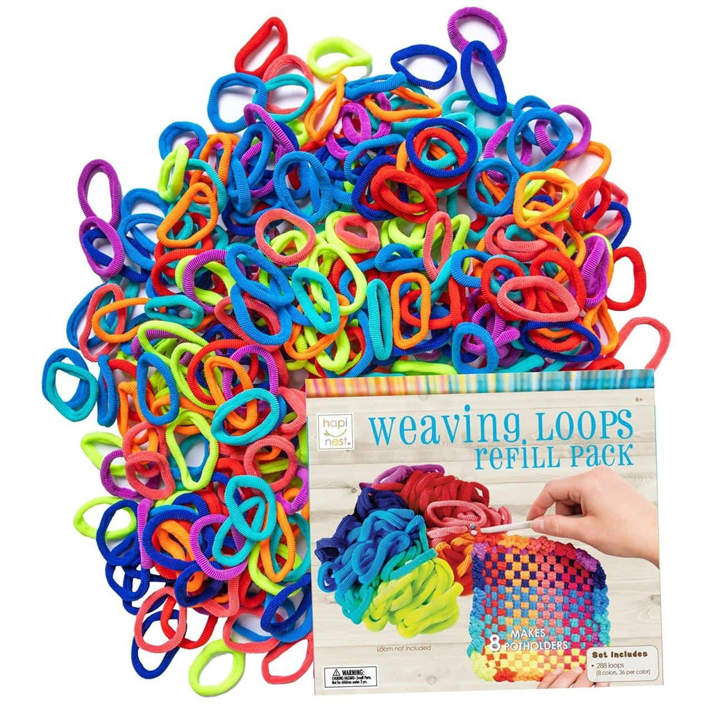 Pile of colorful nylon cotton blend weaving loops spilling out of packaging for a potholder refill pack.