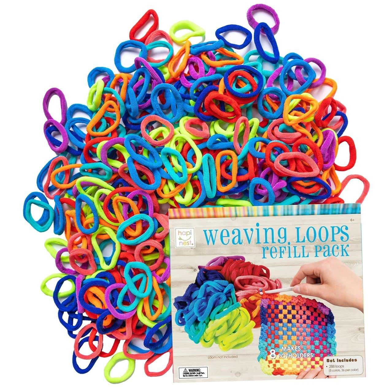 Pile of colorful nylon cotton blend weaving loops spilling out of packaging for a potholder refill pack.
