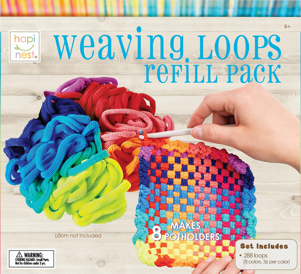 Colorful weaving loops in a pile next to a partially woven potholder, with a hand holding a weaving tool.
