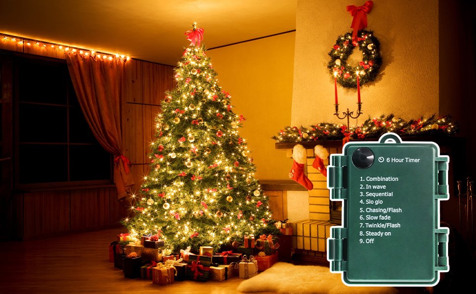 Christmas tree and fireplace decorated with warm white string lights, with a close-up of the battery pack showing timer and mode options.
