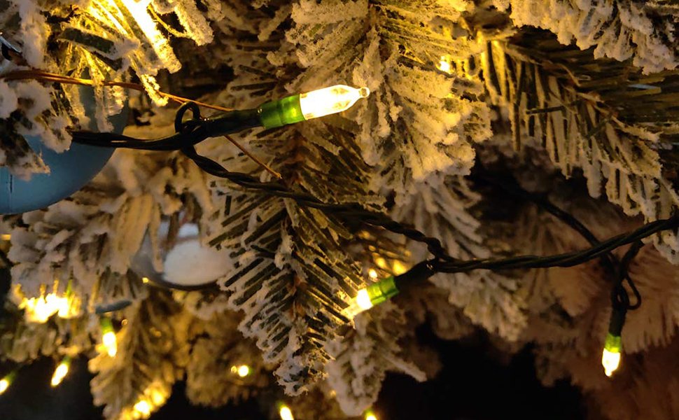 Close-up of warm white LED string lights on a frosted Christmas tree branch.