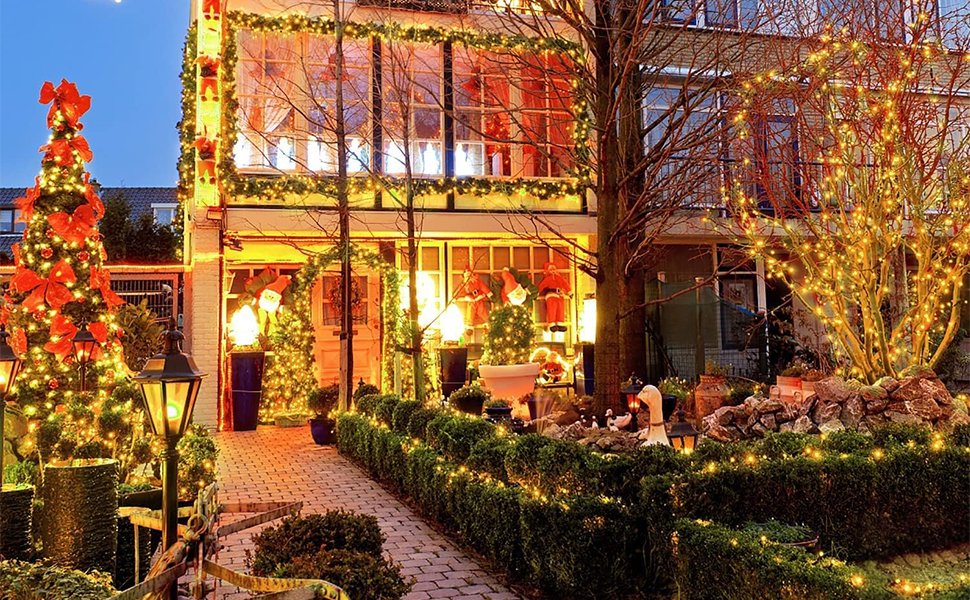House decorated with warm white LED string lights for Christmas, including a tree, bushes, and roofline.