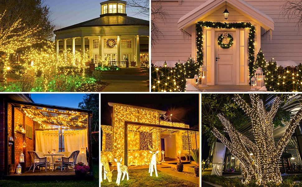 Collage of warm white LED string lights decorating various outdoor scenes including a building, porch, patio, and trees.