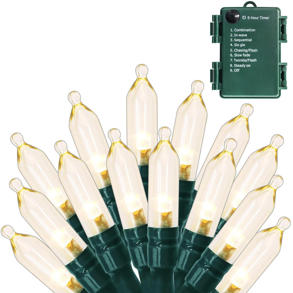 Warm white mini string lights with a green battery pack featuring timer and mode settings