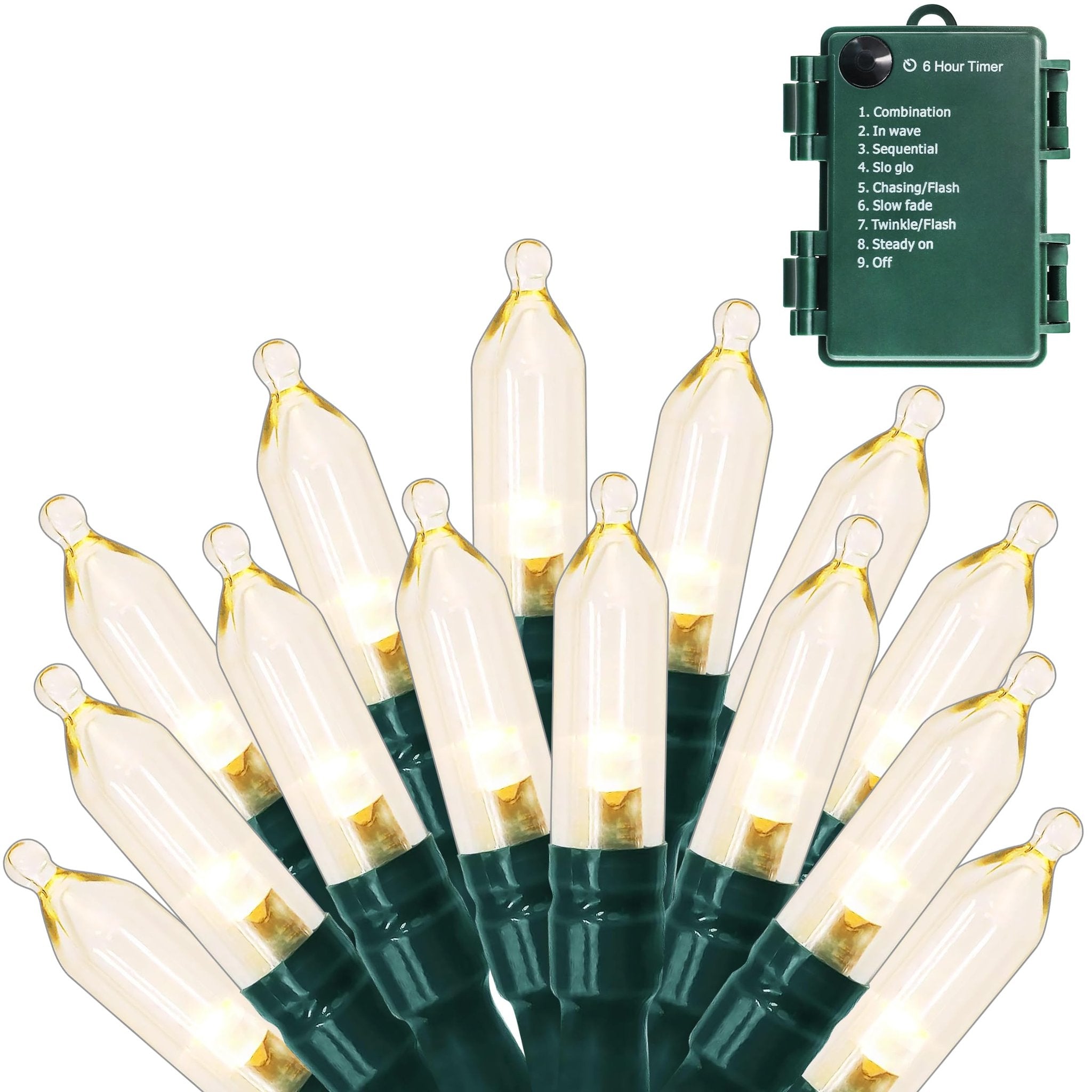 Warm white mini string lights with a green battery pack featuring timer and mode settings