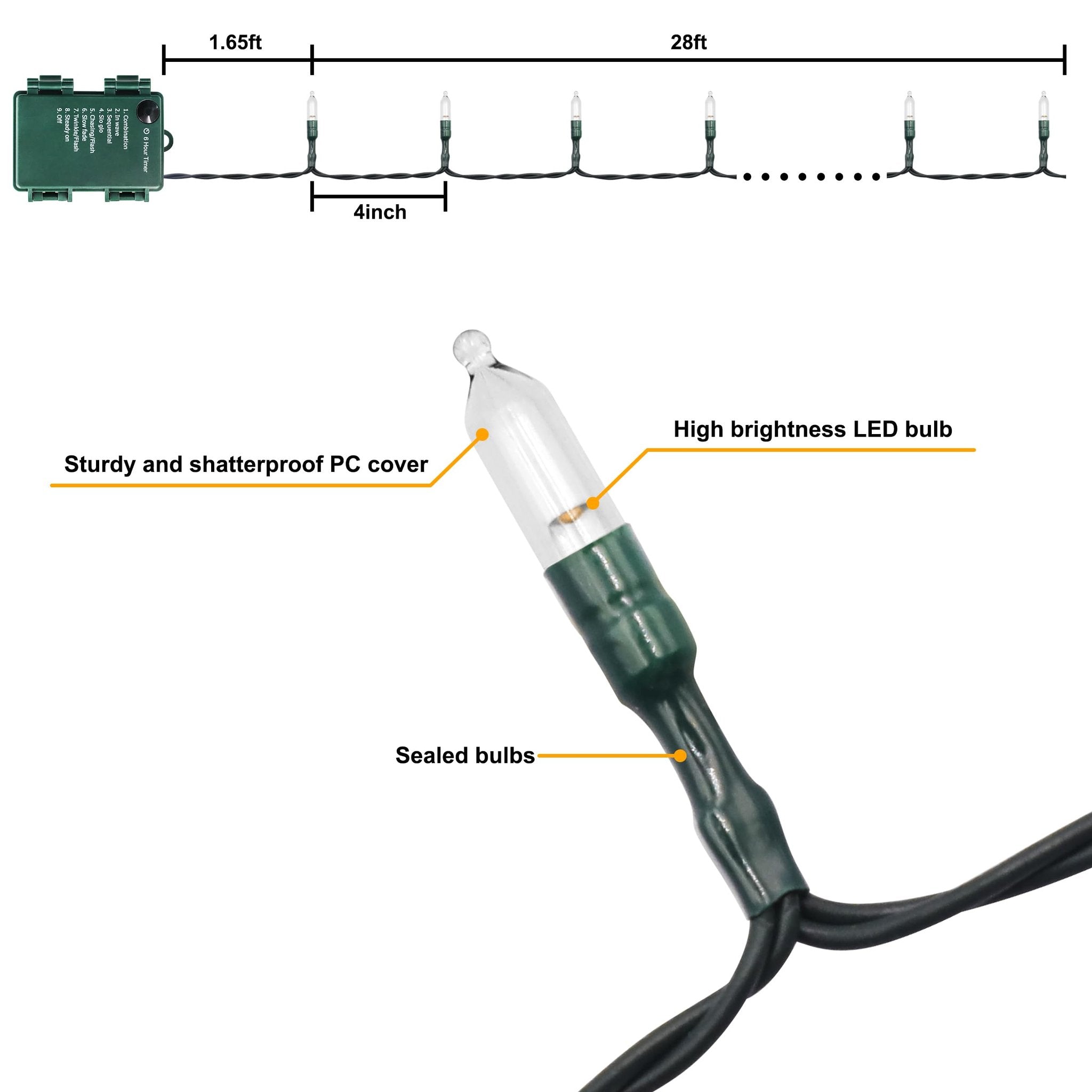 Battery operated string lights with timer and 8 modes, showing dimensions and close-up of LED bulb and sealed bulbs.