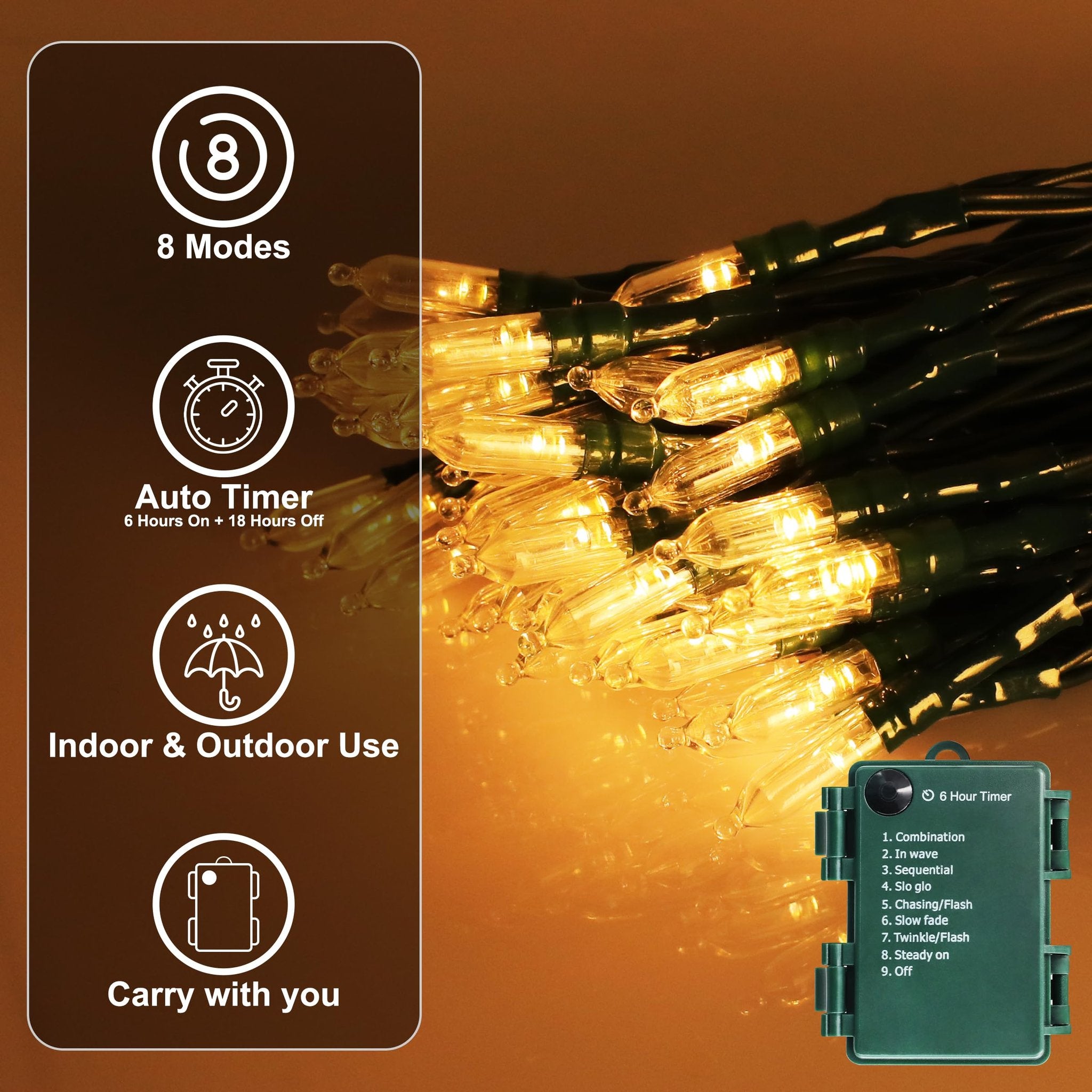 Warm white LED string lights with a green battery pack showing timer and mode options.
