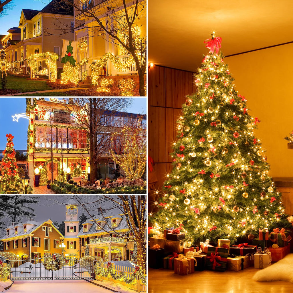 Collage of Christmas decorations: houses with string lights, a decorated Christmas tree with gifts.