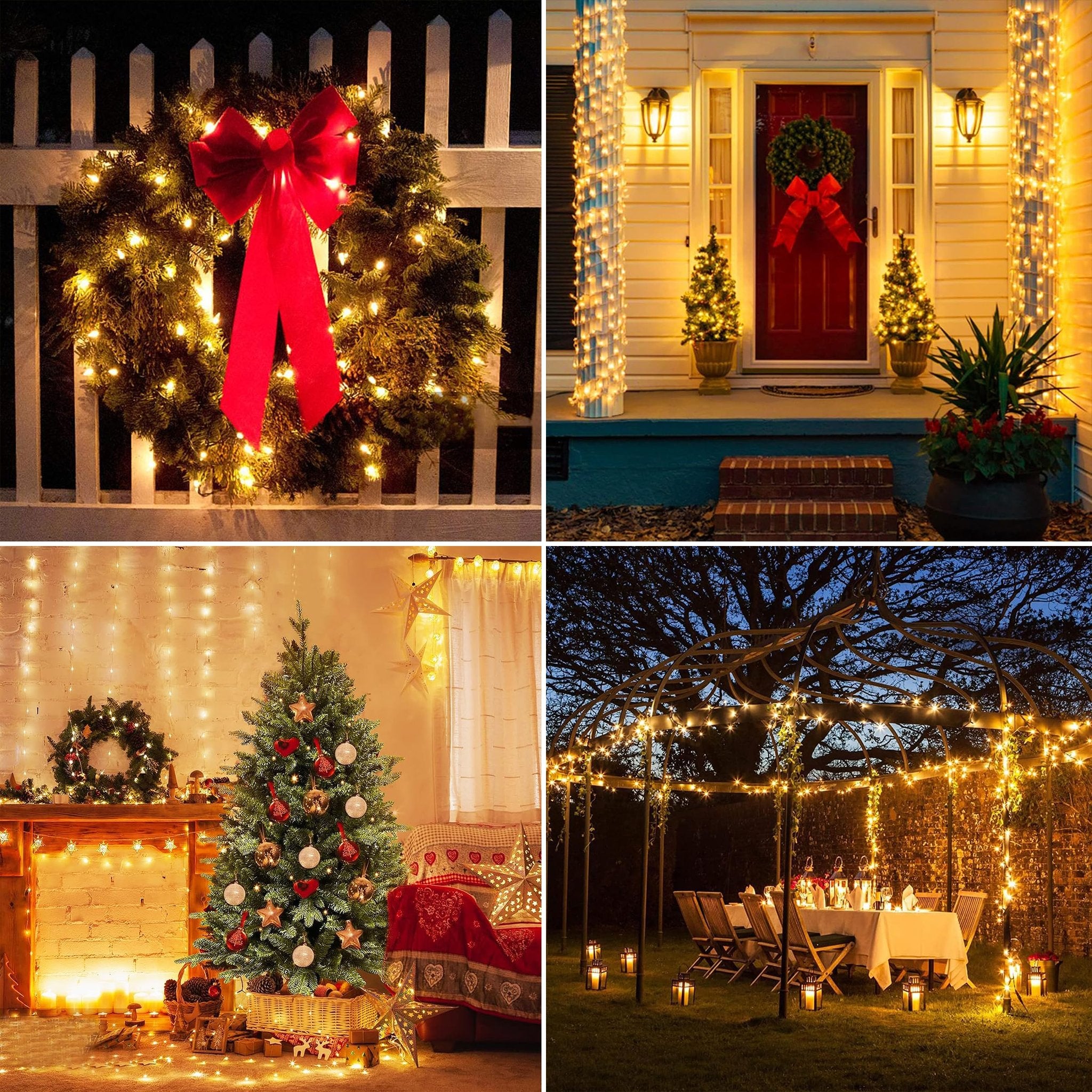 Collage of four scenes showing warm white LED string lights used for Christmas decor: wreath on fence, house exterior, Christmas tree, and outdoor dining area.