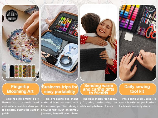 Collage of sewing kit features: embroidery, travel packing, gift giving, and daily use.