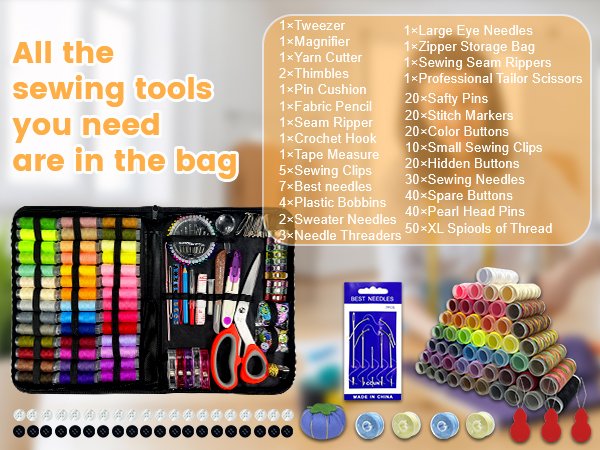 Sewing kit contents including spools of thread, needles, scissors, thimbles, and measuring tape.