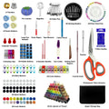 Flat lay of a comprehensive sewing kit including threads, needles, scissors, thimbles, buttons, and other accessories.