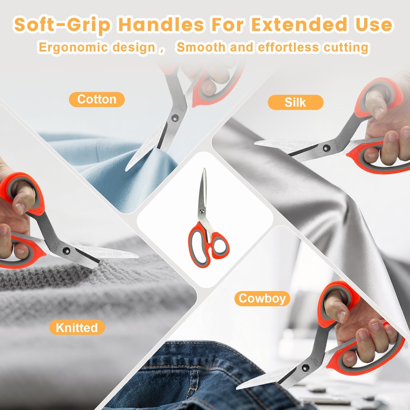 Collage of scissors cutting different fabrics: cotton, silk, knitted material, and denim jeans.