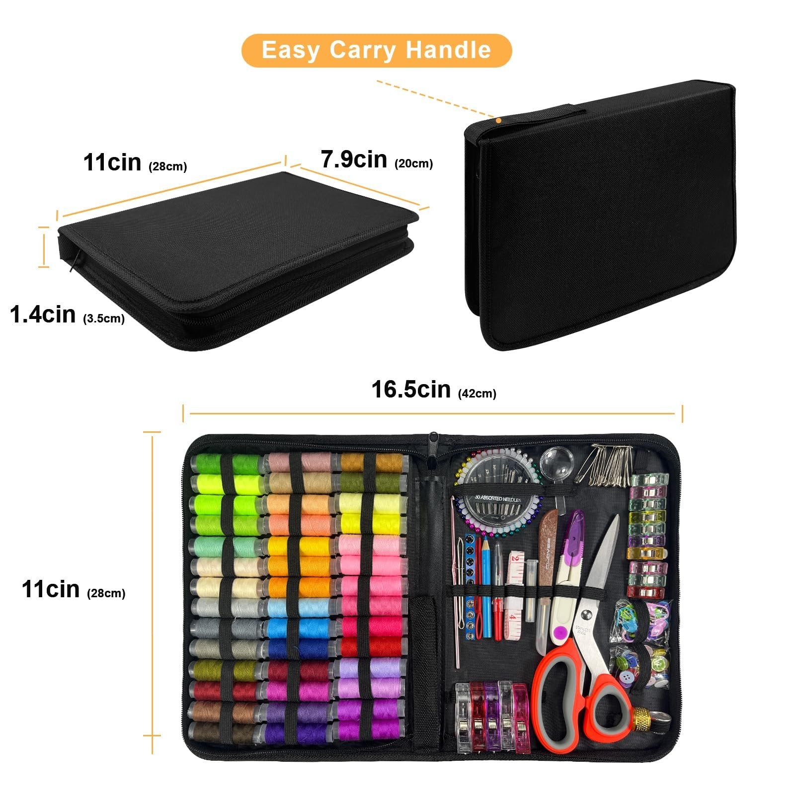 Open sewing kit showing 50 spools of colorful thread and various sewing tools including scissors, needles, and thimbles.