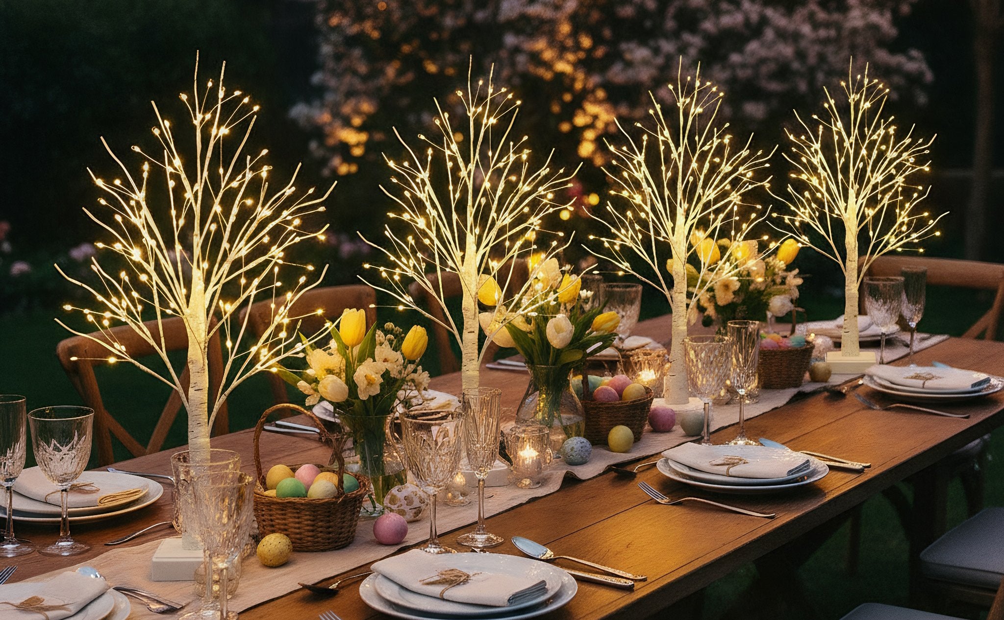 Table setting with four illuminated birch trees, Easter eggs, and flowers
