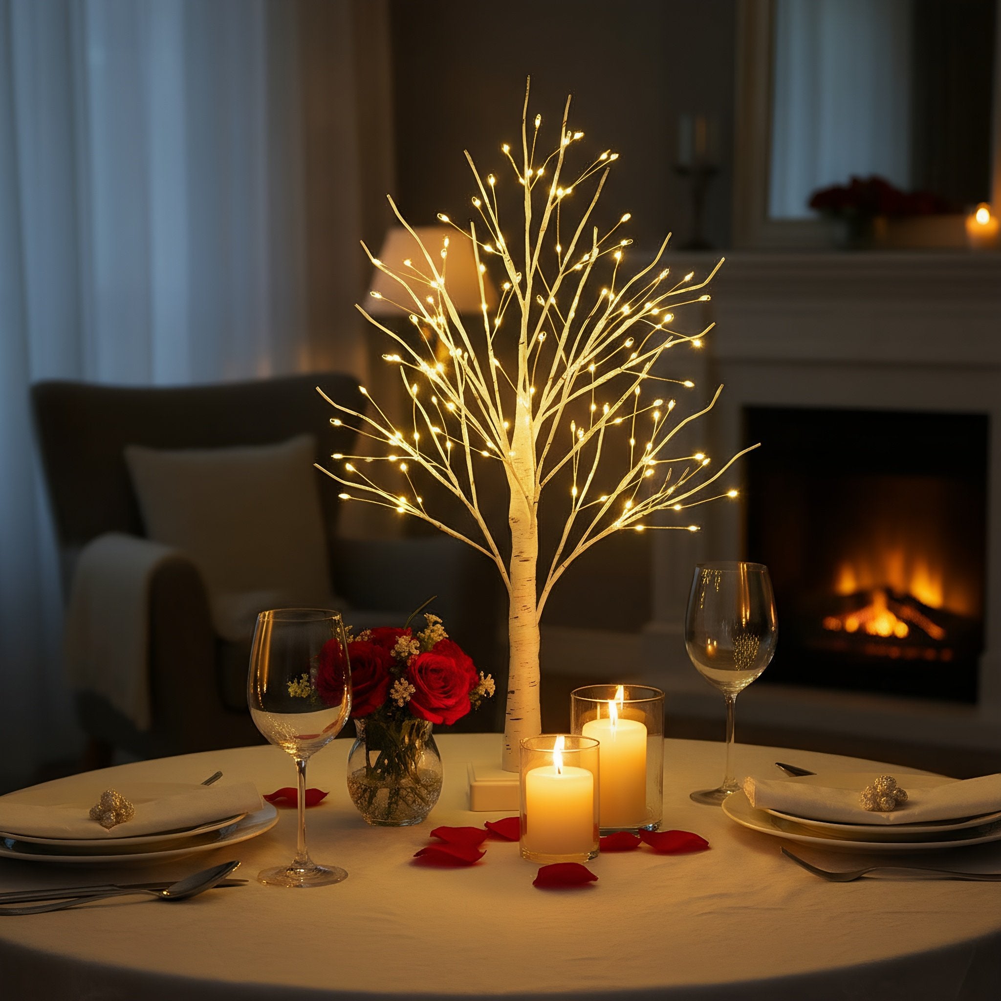 Table setting with a lit birch tree decoration, roses, candles, and place settings in front of a fireplace.