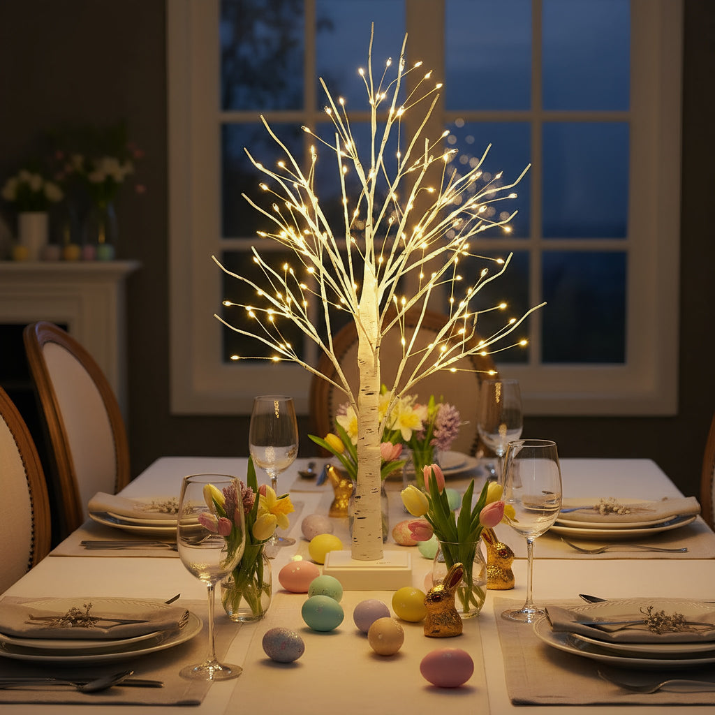 Illuminated white birch tree centerpiece on a set dining table with Easter decorations