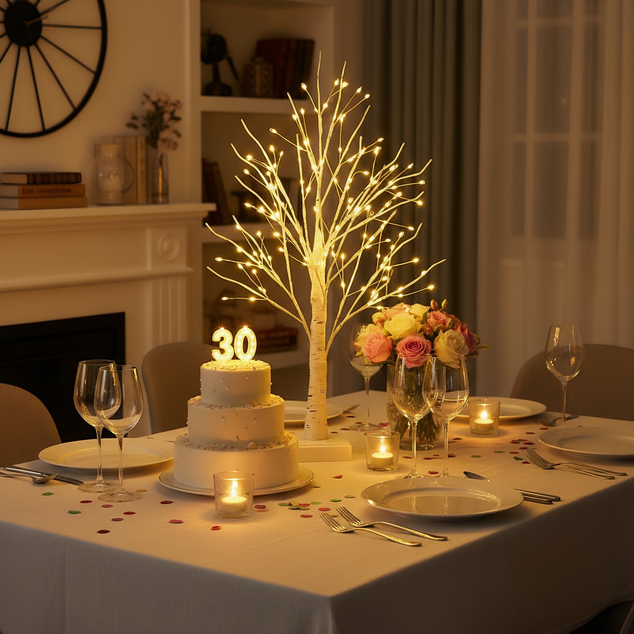 Lit birch tree centerpiece on a table set for a celebration with a cake and candles.