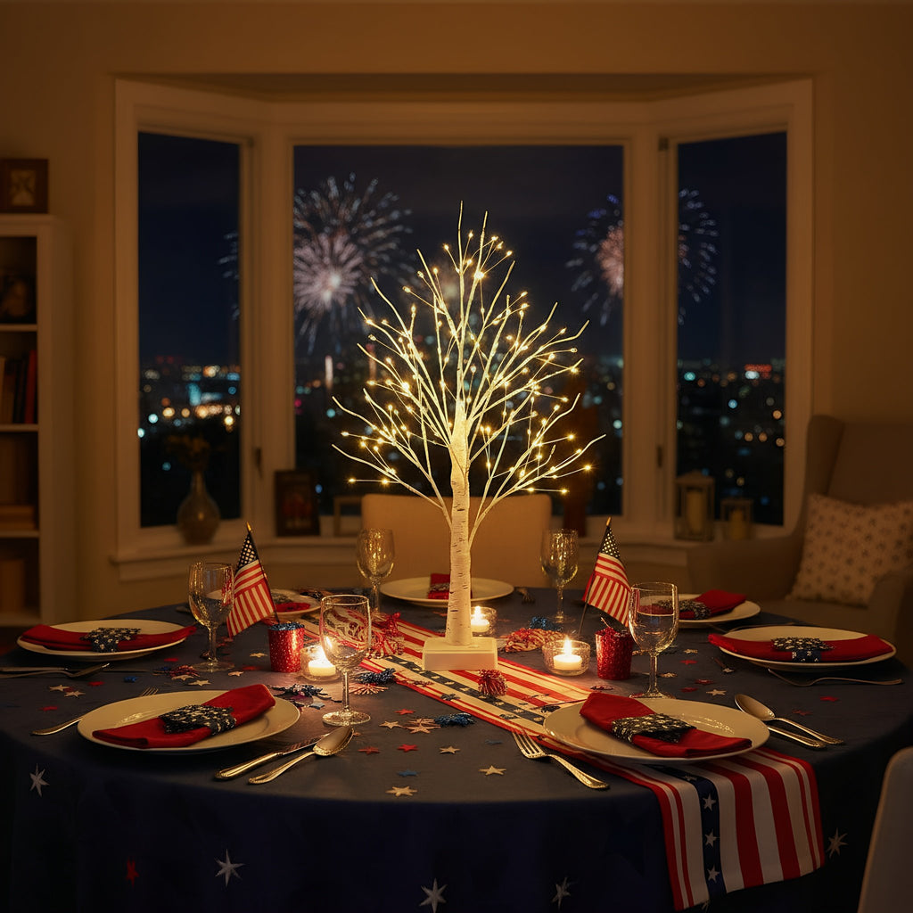 Table setting with a lit birch tree centerpiece, American flags, and fireworks in the background.