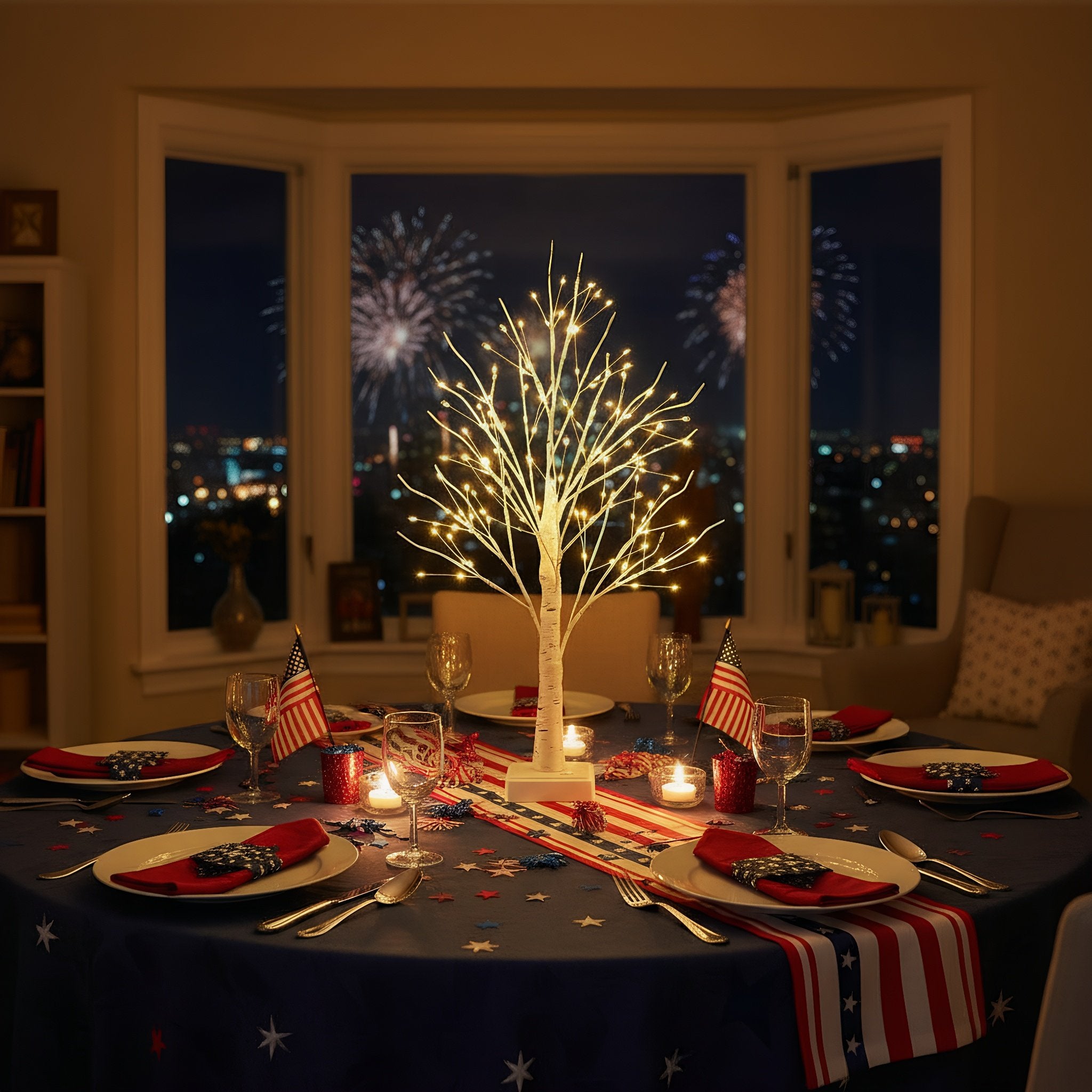 Table setting with a lit birch tree centerpiece, American flags, and fireworks in the background.