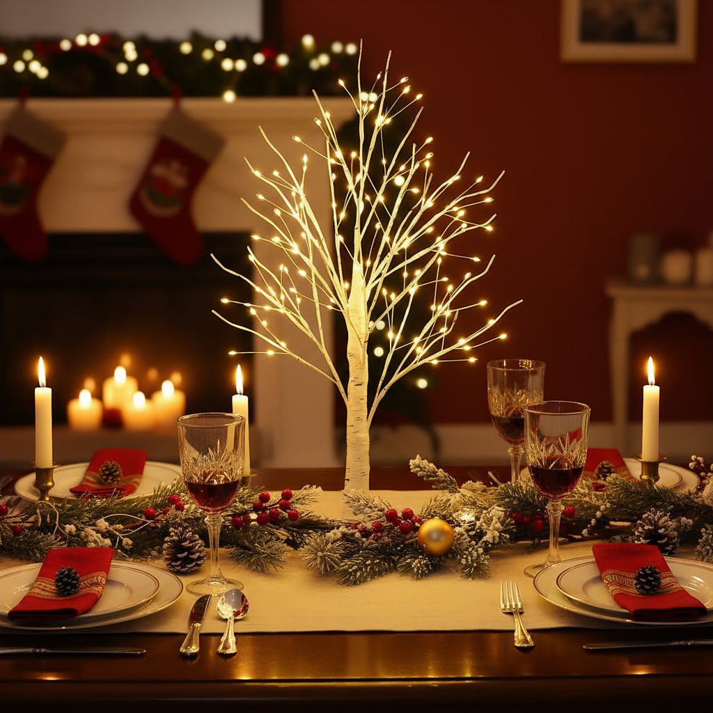 Lit white birch Christmas tree centerpiece on a festive holiday table setting with candles and wine glasses