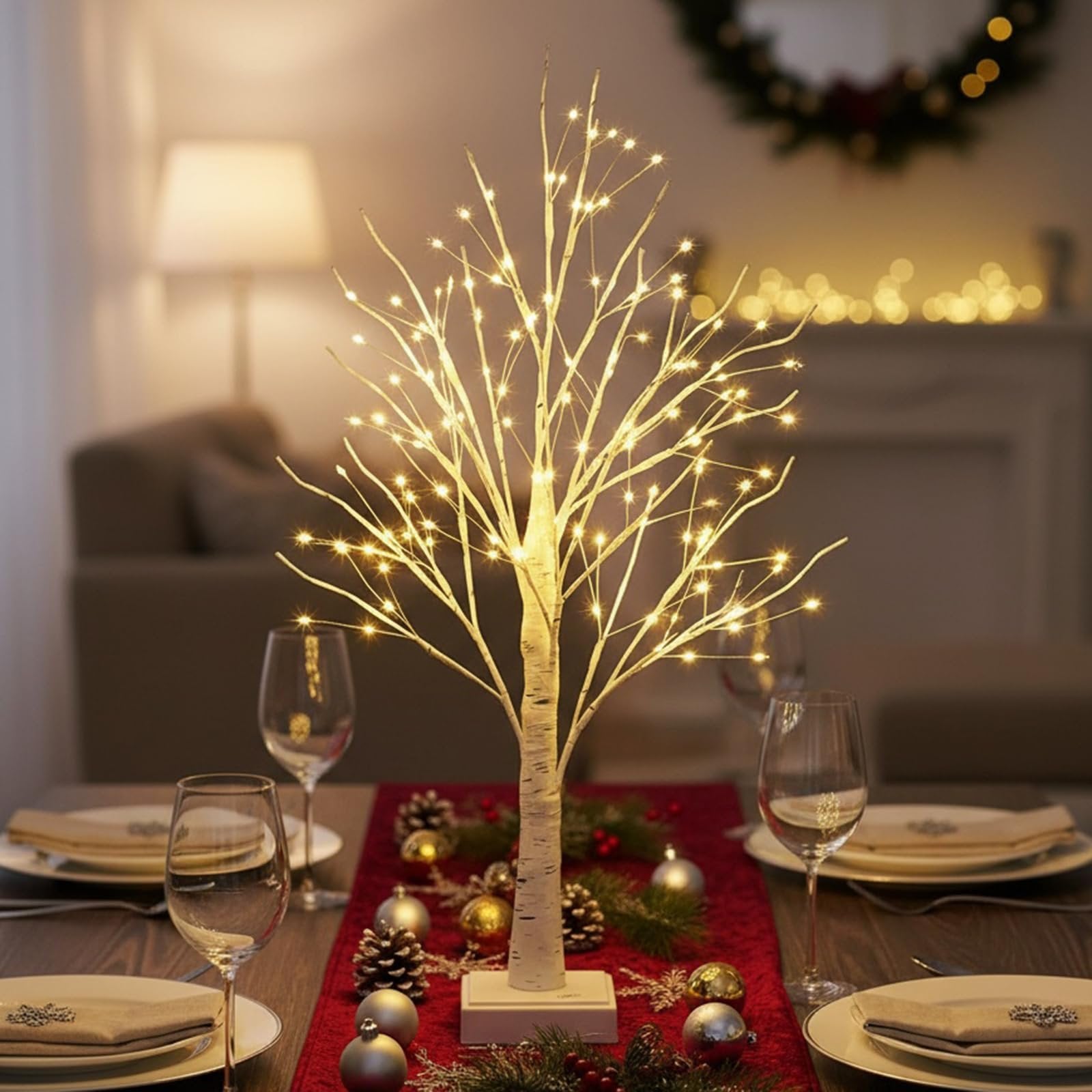Table setting with a lit birch tree centerpiece and Christmas decorations