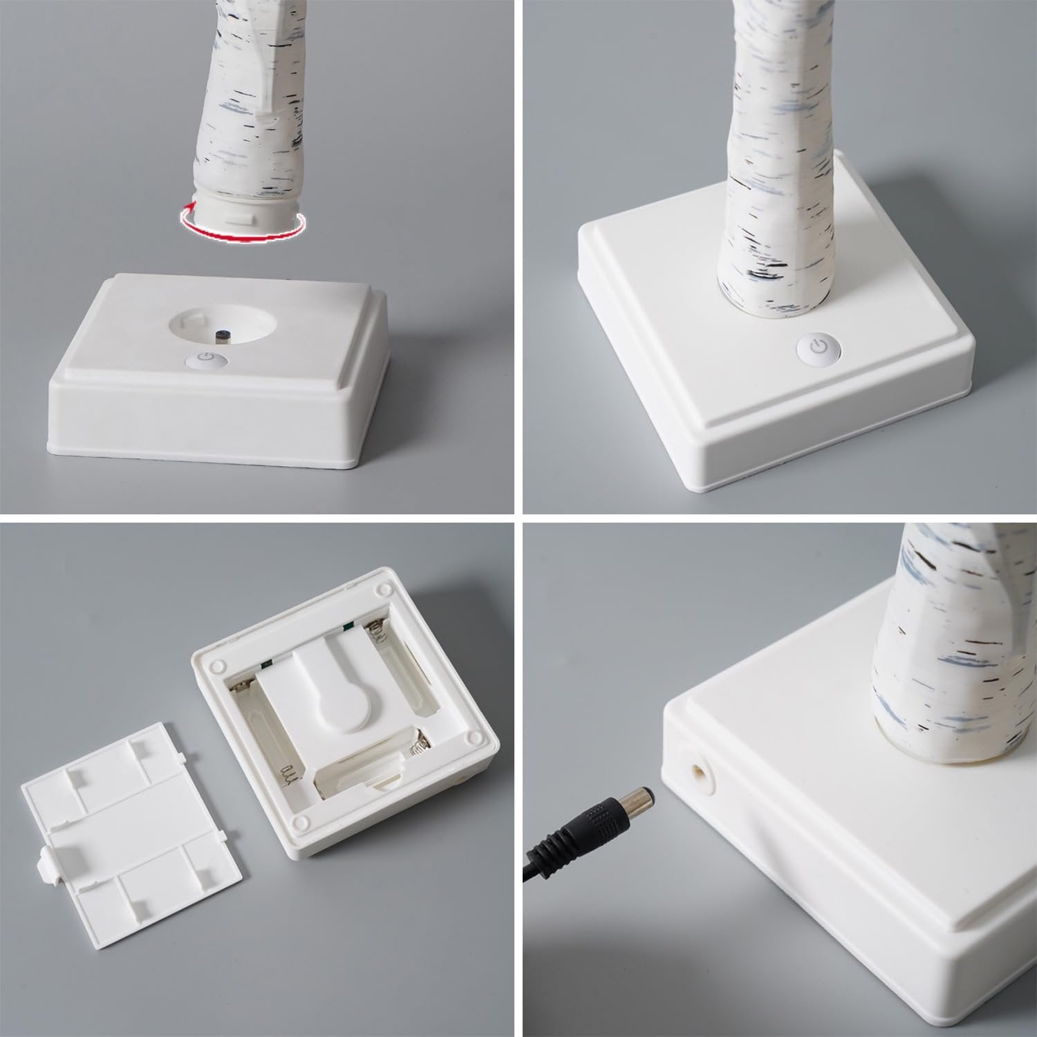 White birch Christmas tree base assembly and power options, showing battery compartment and DC power input.