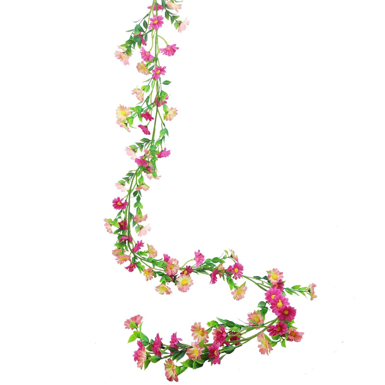 Artificial silk daisy vine garland with pink and yellow flowers and green leaves, displayed on a white background.