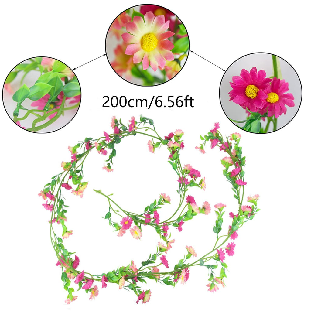 Artificial silk daisy vine garland with pink flowers and green leaves, shown coiled on a white background with close-up insets.