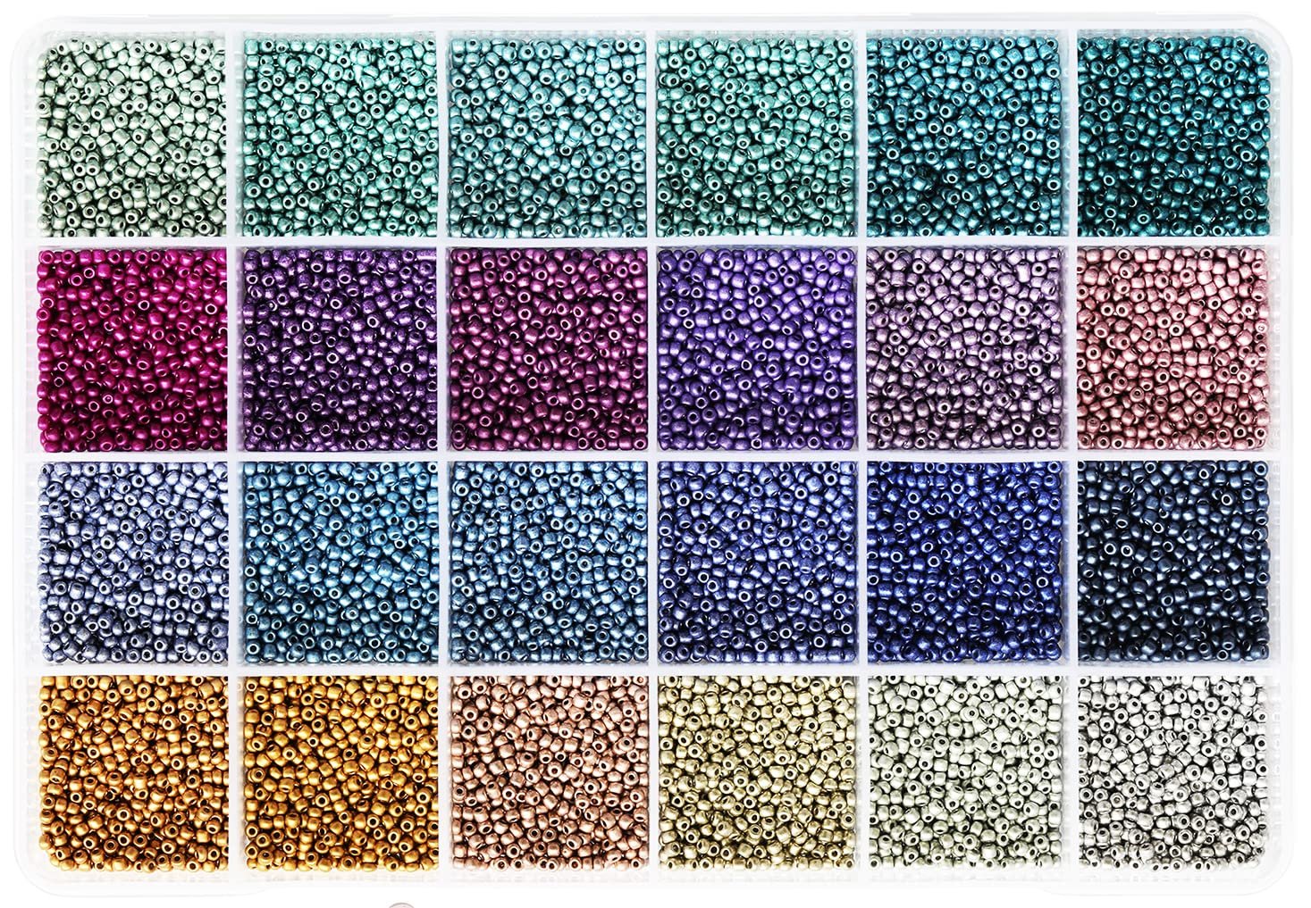 Clear storage box filled with 24 compartments of assorted colored glass seed beads for jewelry making.