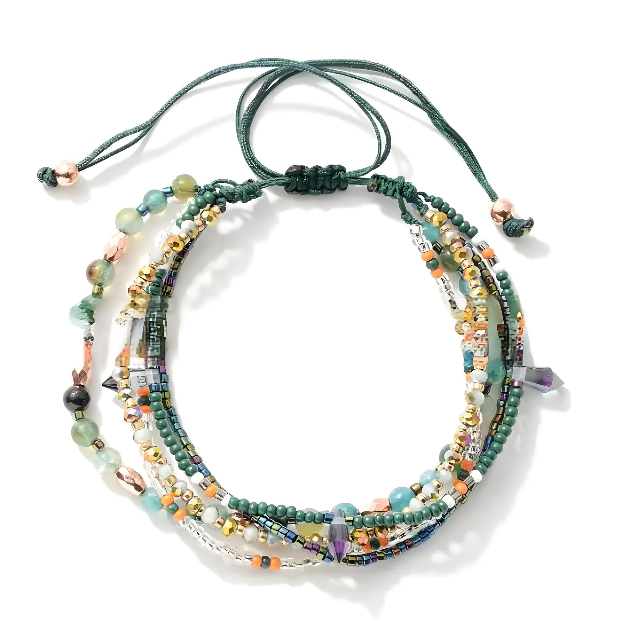 Multi-strand beaded bracelet with assorted colorful beads and a central crystal pendant, on a white background.