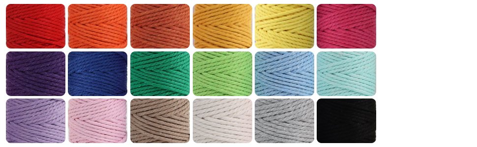Assorted colors of 2mm macrame cotton cord, displayed in 18 individual square swatches against a white background.