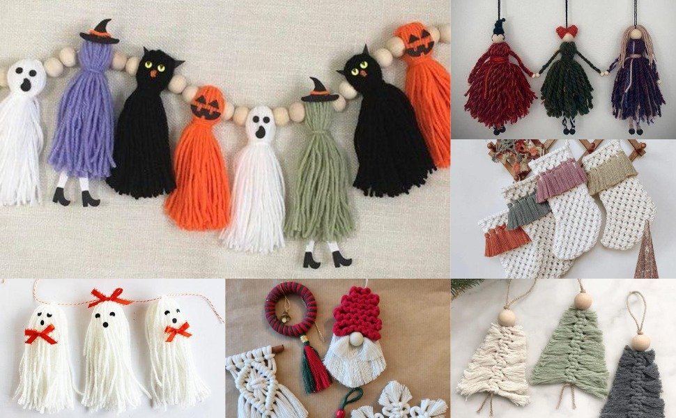 Collage of macrame and yarn crafts including Halloween ghosts, witches, pumpkins, dolls, Christmas stockings, and trees.
