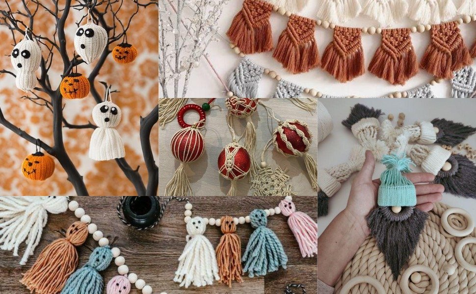 Collage of macrame and knitted crafts including Halloween ornaments, festive garlands, and gnome figures.