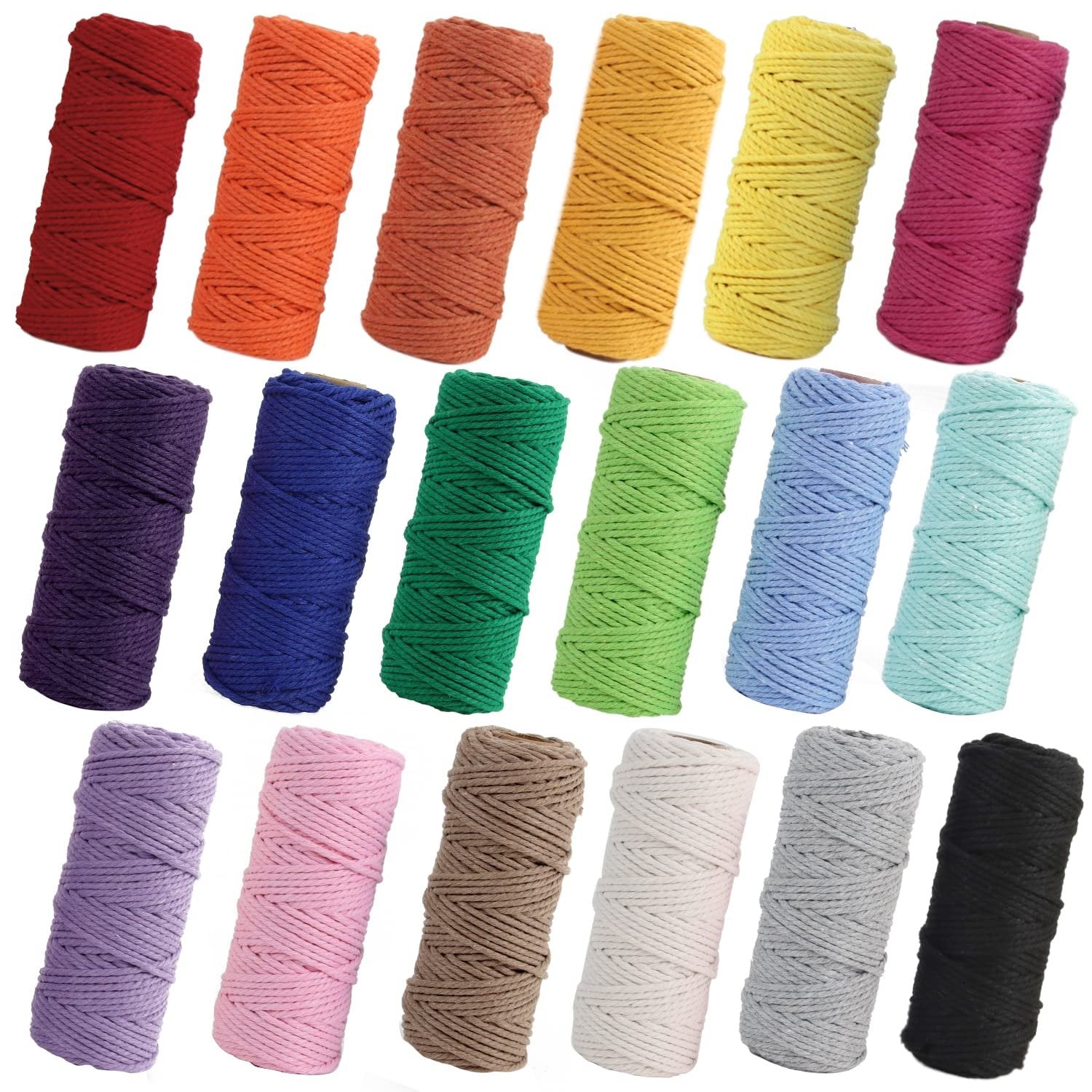 Collection of 18 spools of 3-strand macrame cord in assorted colors, arranged in three rows against a white background.