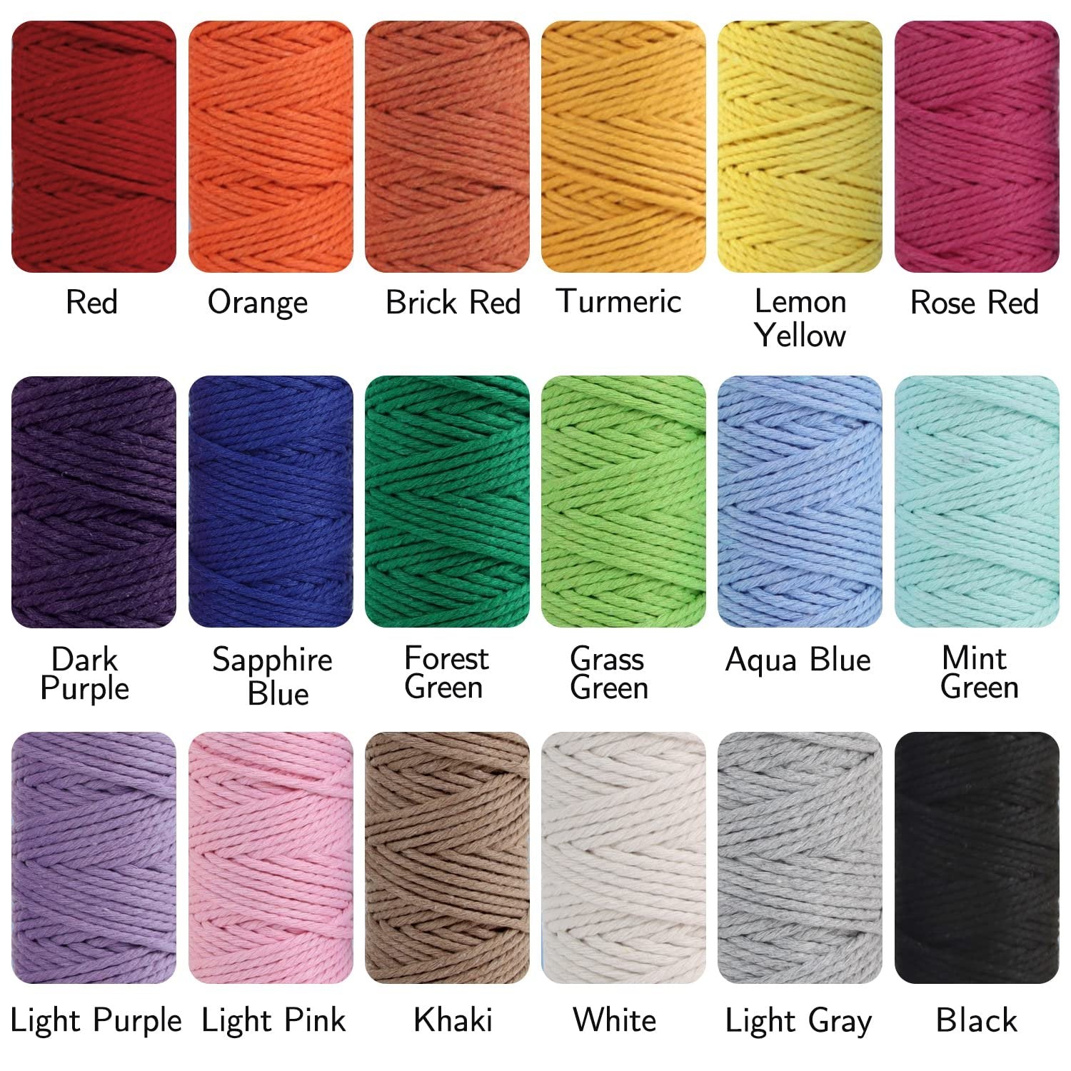 Collection of macrame cord spools in 18 different colors, each labeled with its color name.