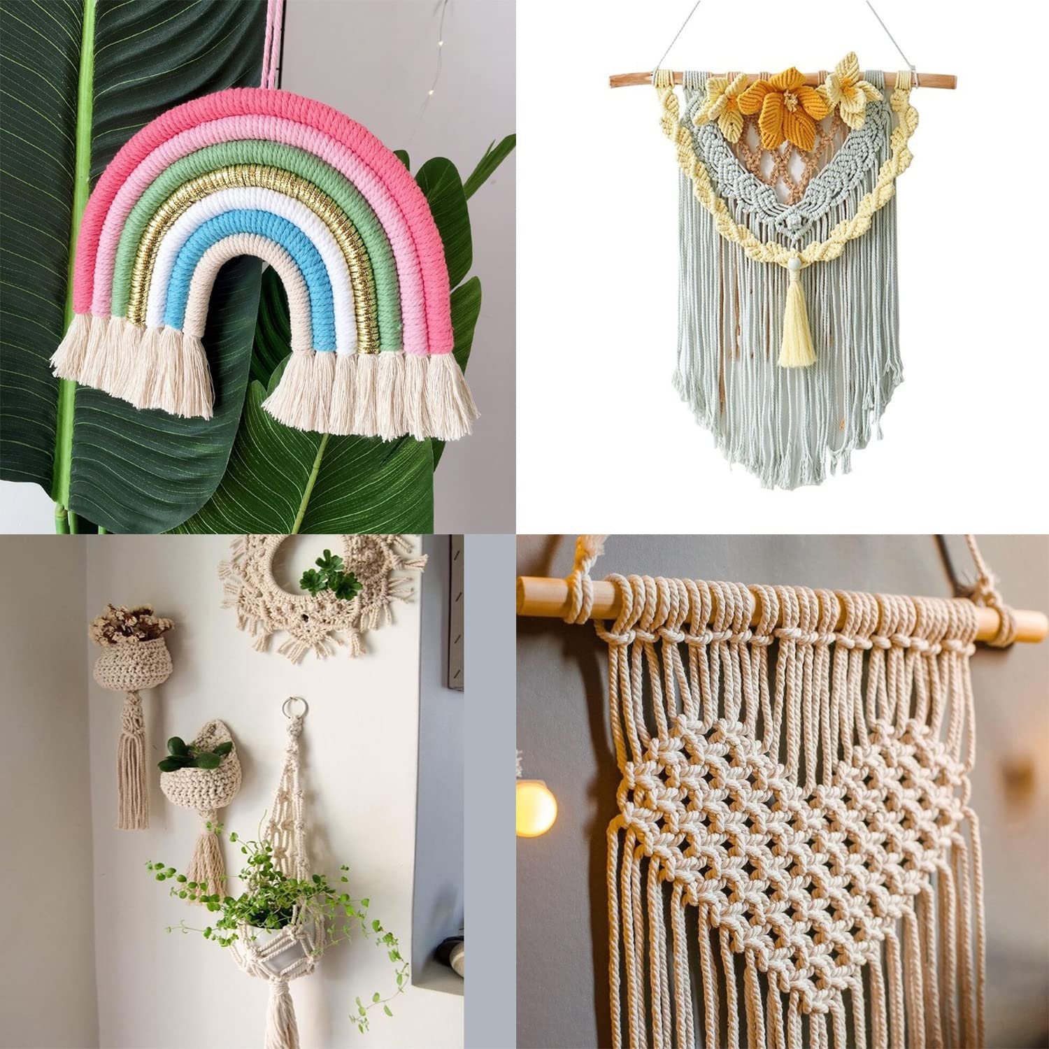 Collage of four macrame craft projects: a rainbow wall hanging, a decorative wall tapestry, and two macrame plant hangers with plants.