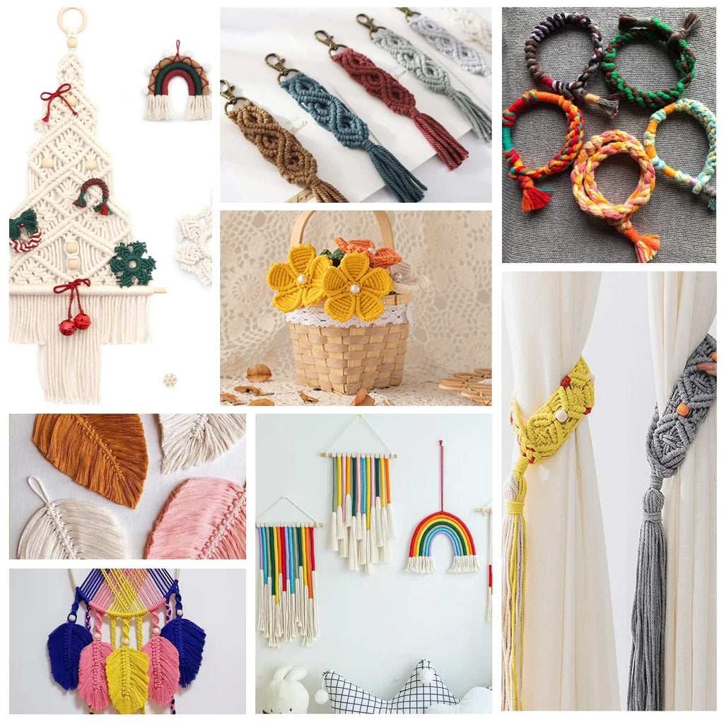 Collage of macrame crafts including a Christmas tree, rainbow ornaments, keychains, bracelets, flowers in a basket, and curtain ties.