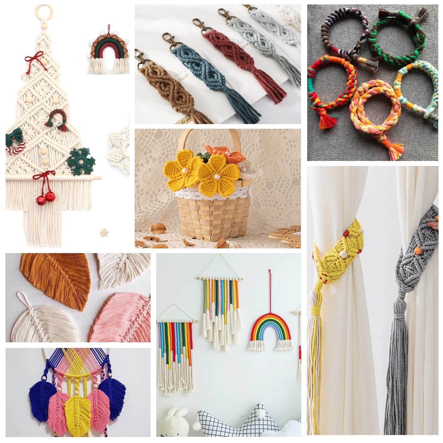 Collage of macrame crafts including a Christmas tree, rainbow ornaments, keychains, bracelets, flowers in a basket, and curtain ties.
