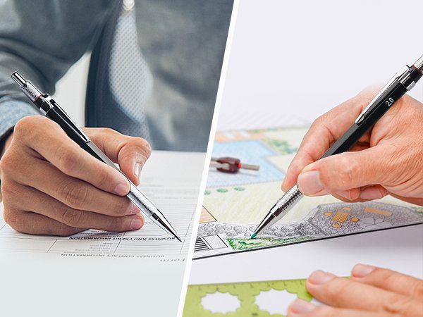 Hands holding mechanical pencils, one writing on a document, the other drawing on a blueprint.